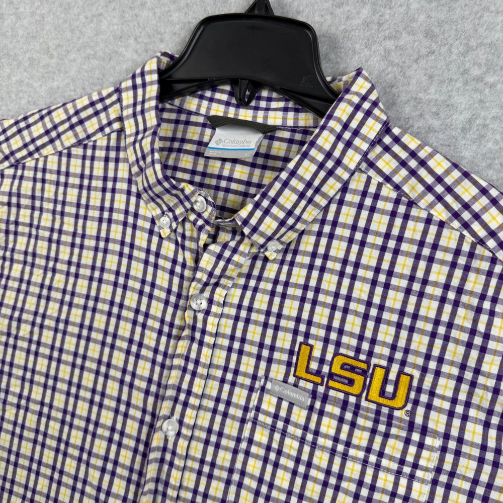 Columbia LSU Tigers Shirt Mens Large Purple Gold Plaid Short Sleeve